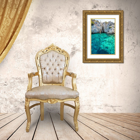 Turquoise colored crystal clear water at a rocky island-Aegean Sea-Turkey Gold Ornate Wood Framed Art Print with Double Matting by Kabas, Ali