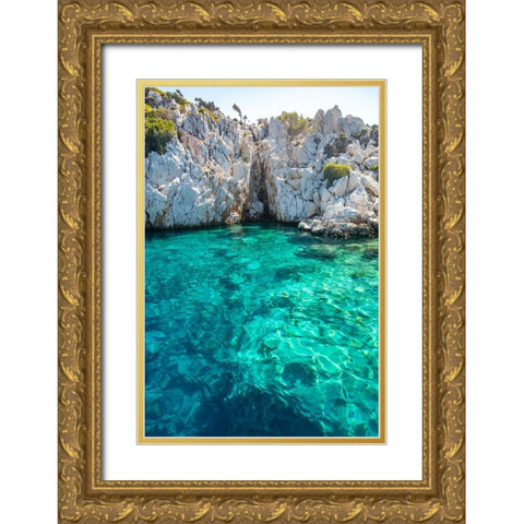 Turquoise colored crystal clear water at a rocky island-Aegean Sea-Turkey Gold Ornate Wood Framed Art Print with Double Matting by Kabas, Ali
