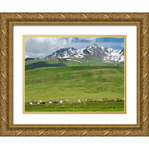 Summer pasture with traditional Yurts The Suusamyr plain-a high valley Gold Ornate Wood Framed Art Print with Double Matting by Zwick, Martin