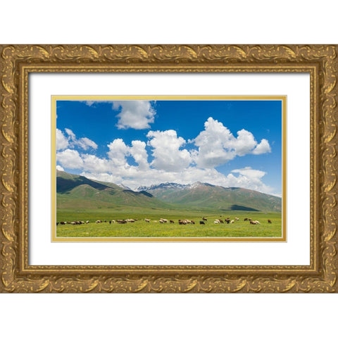 Summer pasture with traditional Yurts The Suusamyr plain Gold Ornate Wood Framed Art Print with Double Matting by Zwick, Martin