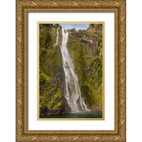 New Zealand Waterfall into Milford Sound Gold Ornate Wood Framed Art Print with Double Matting by Illg, Cathy and Gordon