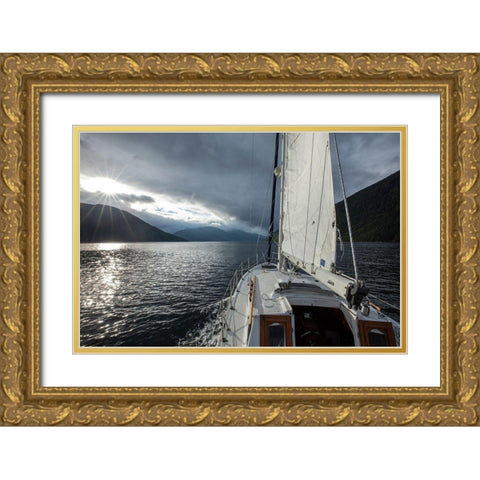 Canada-British Columbia-Gulf 32 pilothouse boat motoring and sailing north Gold Ornate Wood Framed Art Print with Double Matting by Souders, Paul