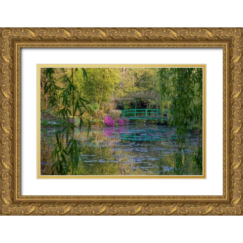 France-Giverny-Monets Garden Sunrise view of iconic bridge and lily pond Gold Ornate Wood Framed Art Print with Double Matting by Jaynes Gallery