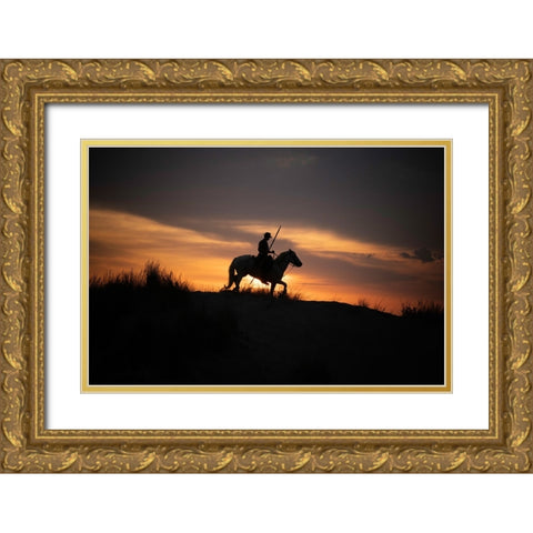 Europe-France-Provence-Camargue horse with rider at sunrise Gold Ornate Wood Framed Art Print with Double Matting by Jaynes Gallery