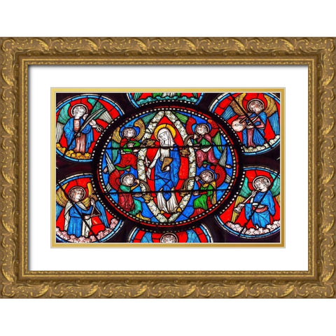 Virgin Mary-Angels stained glass-Notre Dame Cathedral-Paris-France Gold Ornate Wood Framed Art Print with Double Matting by Perry, William