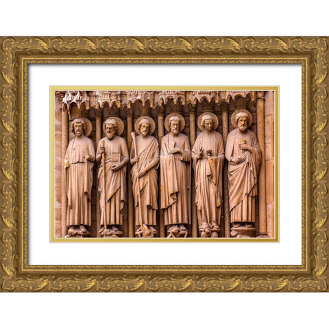 Biblical Saint statues and door-Notre Dame Cathedral-Paris-France Gold Ornate Wood Framed Art Print with Double Matting by Perry, William