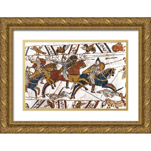 Colorful Medieval Bayeux tapestry- Bayeux- Normandy- France. Gold Ornate Wood Framed Art Print with Double Matting by Perry, William