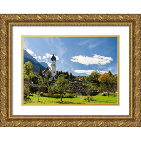 Church St-Johannes der Taufer-John the Baptist-Mount Zugspitze in the background-Village Grainau ne Gold Ornate Wood Framed Art Print with Double Matting by Zwick, Martin
