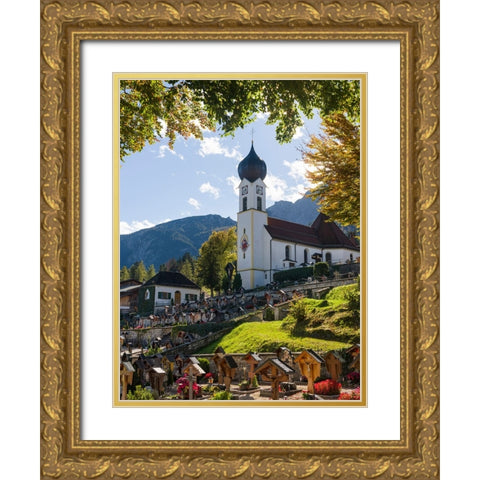 Church St-Johannes der Taufer-John the Baptist-Village Grainau near Garmisch-Partenkirchen and moun Gold Ornate Wood Framed Art Print with Double Matting by Zwick, Martin