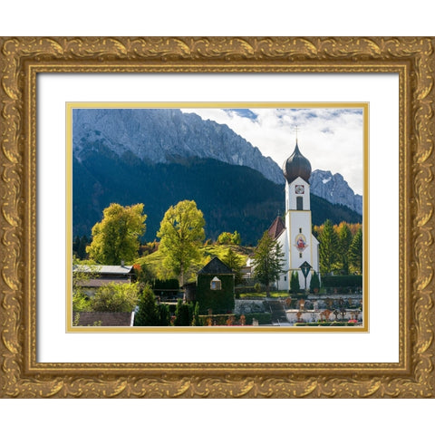 Church St-Johannes der Taufer-John the Baptist-Mount Zugspitze in the background-Village Grainau ne Gold Ornate Wood Framed Art Print with Double Matting by Zwick, Martin