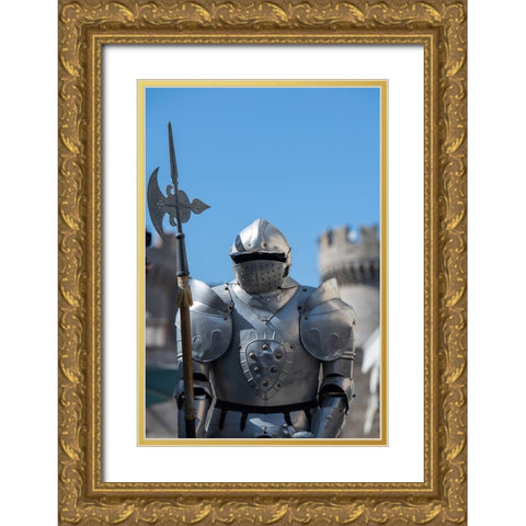 Greece-Rhodes Medieval Old Town (UNESCO) Suit of armor with Palace of the Grand Master Gold Ornate Wood Framed Art Print with Double Matting by Hopkins, Cindy Miller