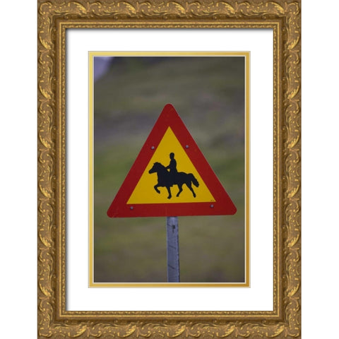 Iceland, Snaefellsnes Horse Crossing road sign Gold Ornate Wood Framed Art Print with Double Matting by Grall, Don