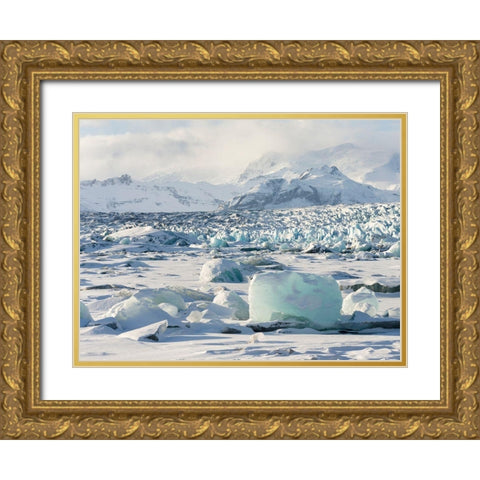 Northern shore of glacial lagoon Jokulsarlon with glacier Breidamerkurjokull Gold Ornate Wood Framed Art Print with Double Matting by Zwick, Martin