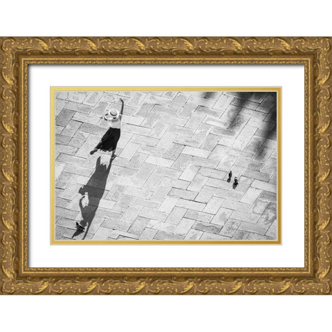 Europe-Italy-Venice-Black and white of tourist poising for photo on San Marco Square Gold Ornate Wood Framed Art Print with Double Matting by Jaynes Gallery