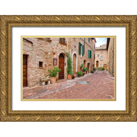 Italy-Tuscany-Pienza Flower pots and potted plants decorate a narrow street in a Tuscany village Gold Ornate Wood Framed Art Print with Double Matting by Eggers, Julie