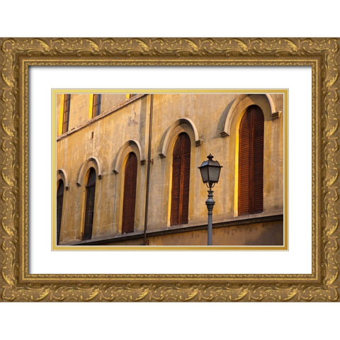 Italy-Tuscany-Lucca Street lamppost and arched windows with wooden shutters Gold Ornate Wood Framed Art Print with Double Matting by Eggers, Julie