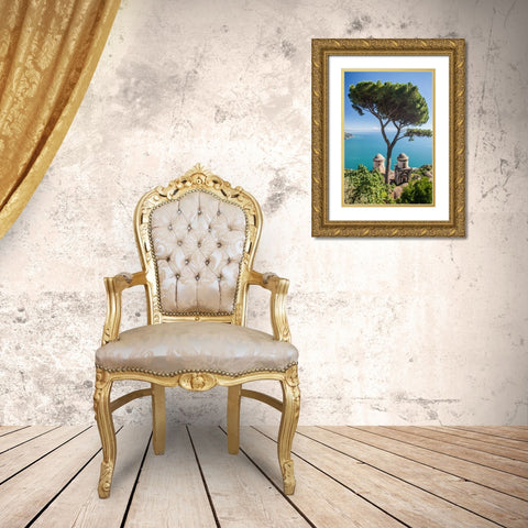 Italy-Campania-Ravello View of the Amalfi Coast and the towers of Villa Rufolo Gold Ornate Wood Framed Art Print with Double Matting by Eggers, Julie