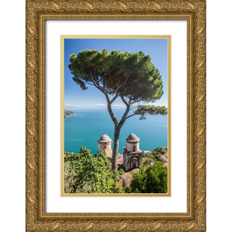 Italy-Campania-Ravello View of the Amalfi Coast and the towers of Villa Rufolo Gold Ornate Wood Framed Art Print with Double Matting by Eggers, Julie