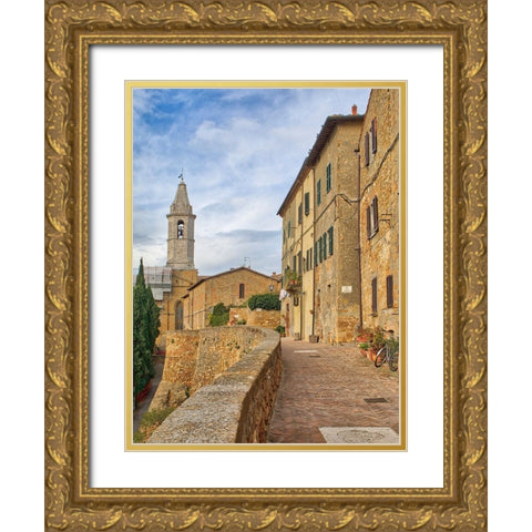 Italy-Tuscany-Pienza Walkway leading to the bell tower of the Pienza cathedral Gold Ornate Wood Framed Art Print with Double Matting by Eggers, Julie