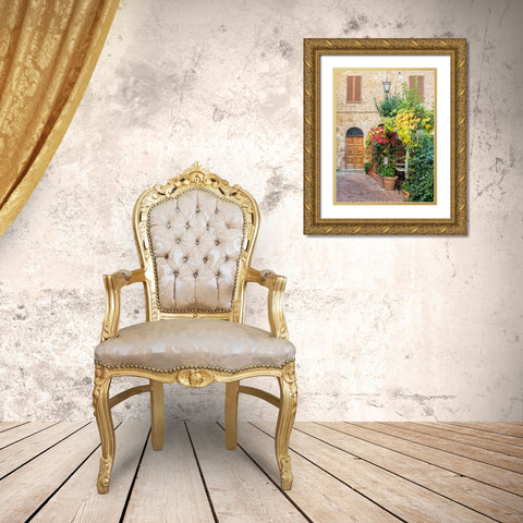 Italy-Tuscany-Pienza Doorway surrounded by flowers Gold Ornate Wood Framed Art Print with Double Matting by Eggers, Julie