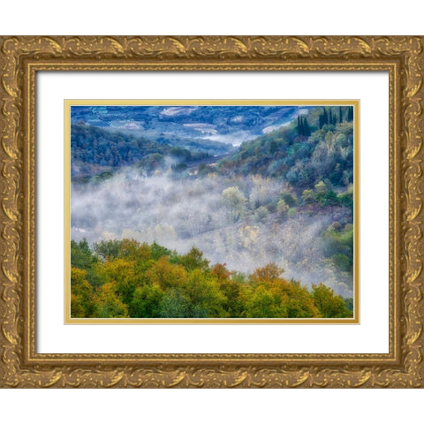 Italy-Tuscany Autumn morning with fog in the Tuscan valley Gold Ornate Wood Framed Art Print with Double Matting by Eggers, Julie