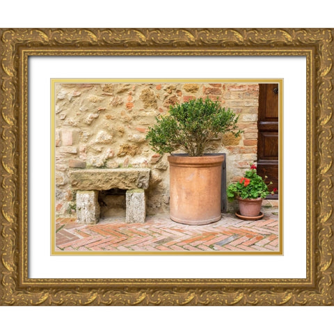 Italy-Tuscany-Pienza Potted plants and stone bench along the streets Gold Ornate Wood Framed Art Print with Double Matting by Eggers, Julie