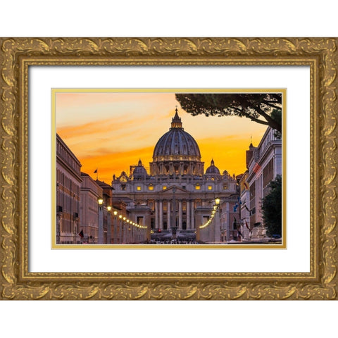 Orange sunset illuminated street lights-Via Della Conciliazione-Saint Peters Basilica-Vatican Gold Ornate Wood Framed Art Print with Double Matting by Perry, William