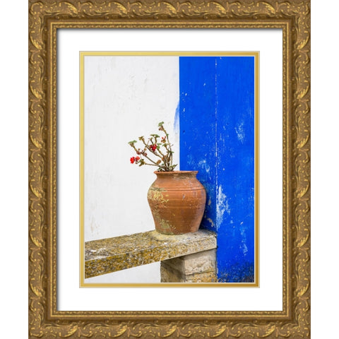 Portugal-Obidos-Plant in a terracotta pot on stone bench Gold Ornate Wood Framed Art Print with Double Matting by Eggers, Julie