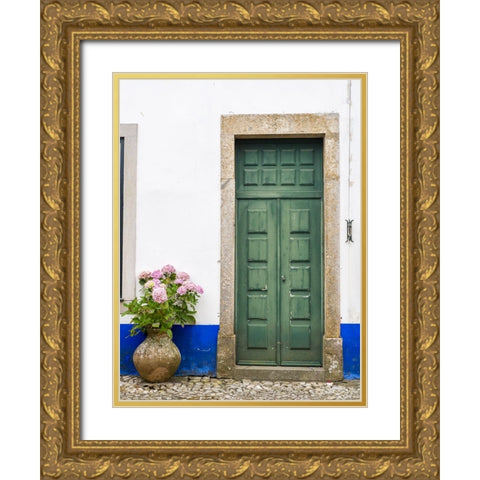 Portugal-Obidos-Pink hydrangea in terracotta pot next to a green door Gold Ornate Wood Framed Art Print with Double Matting by Eggers, Julie