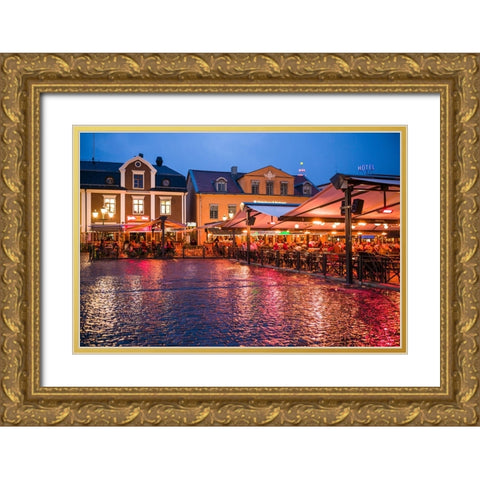 Sweden-Linkoping-cafes and bars on Stora target square-dusk Gold Ornate Wood Framed Art Print with Double Matting by Bibikow, Walter