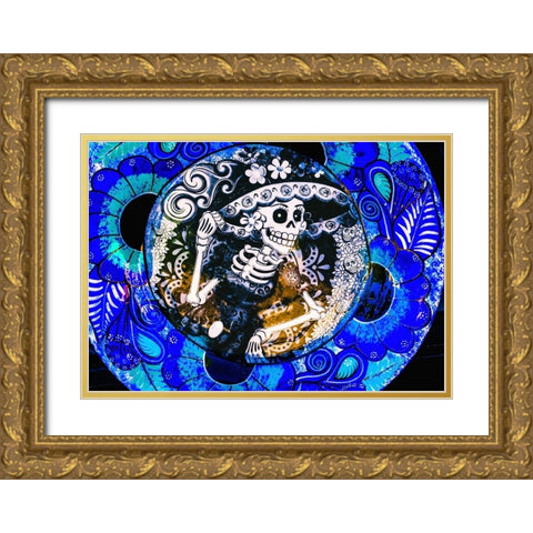 Colorful Mexican ceramic-Day of the Dead skeleton blue plate handicraft Los Cabos-Cabo San Lucas-Me Gold Ornate Wood Framed Art Print with Double Matting by Perry, William