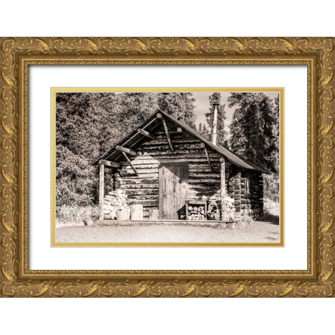 Small- rustic log home in sepia. Gold Ornate Wood Framed Art Print with Double Matting by Muir, Janet