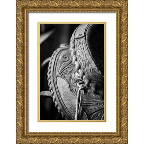 USA-Colorado-Custer County-Westcliffe-Music Meadows Ranch Tack room Tooled leather western saddle Gold Ornate Wood Framed Art Print with Double Matting by Hopkins, Cindy Miller