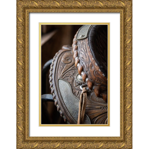 USA-Colorado-Custer County-Westcliffe-Music Meadows Ranch Tack room Tooled leather western saddle Gold Ornate Wood Framed Art Print with Double Matting by Hopkins, Cindy Miller