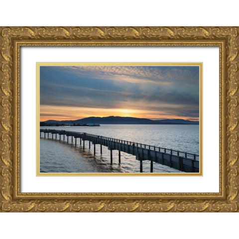 Taylor Dock Boardwalk at sunset-Boulevard Park-Bellingham-Washington State Gold Ornate Wood Framed Art Print with Double Matting by Majchrowicz, Alan