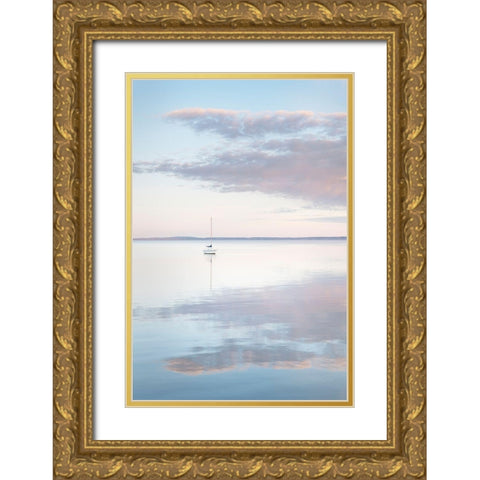 Sailboat and morning clouds reflected in calm waters of Bellingham Bay-Washington State Gold Ornate Wood Framed Art Print with Double Matting by Majchrowicz, Alan