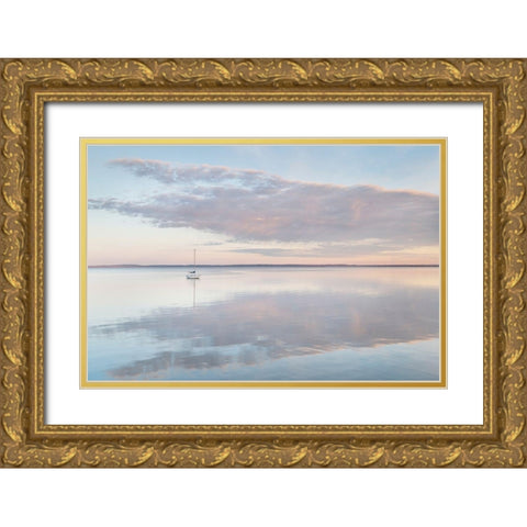 Sailboat and morning clouds reflected in calm waters of Bellingham Bay-Washington State Gold Ornate Wood Framed Art Print with Double Matting by Majchrowicz, Alan