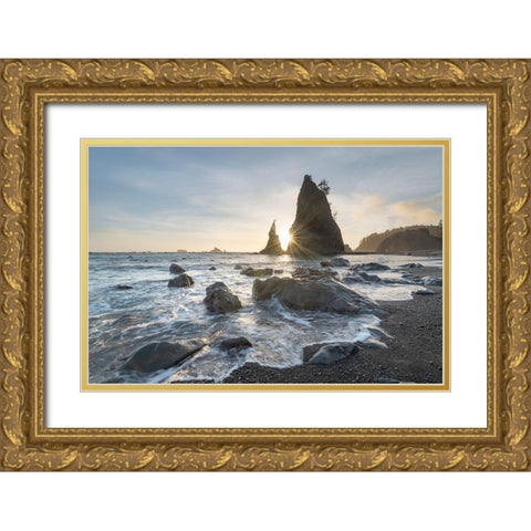 Setting sun behind Split Rock on Rialto Beach-Olympic National Park Gold Ornate Wood Framed Art Print with Double Matting by Majchrowicz, Alan