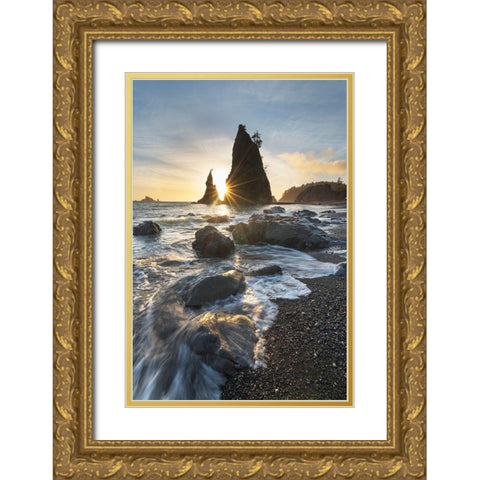 Setting sun behind Split Rock on Rialto Beach-Olympic National Park Gold Ornate Wood Framed Art Print with Double Matting by Majchrowicz, Alan