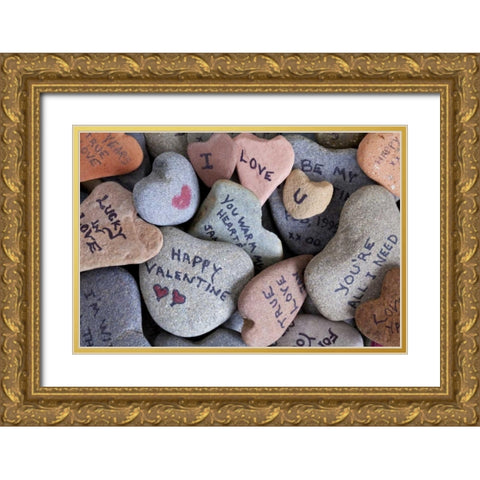 WA, Heart Rock collection with Valentine sayings Gold Ornate Wood Framed Art Print with Double Matting by Paulson, Don