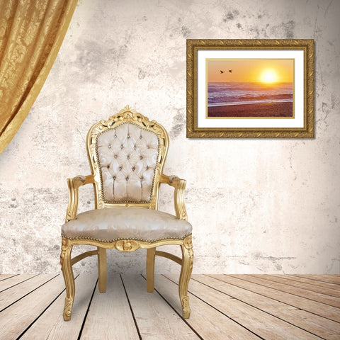 WA, Olympic NP Canada geese over Rialto Beach Gold Ornate Wood Framed Art Print with Double Matting by Paulson, Don