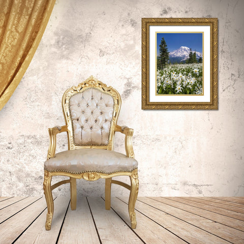 Washington Avalanche lilies and Mount Rainier Gold Ornate Wood Framed Art Print with Double Matting by Paulson, Don
