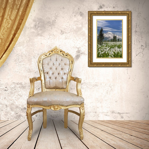 Washington Avalanche lilies and Mount Rainier Gold Ornate Wood Framed Art Print with Double Matting by Paulson, Don