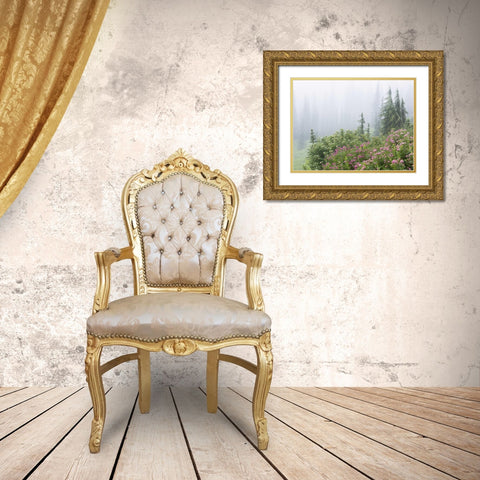WA, Mount Rainier NP flowers in misty forest Gold Ornate Wood Framed Art Print with Double Matting by Paulson, Don