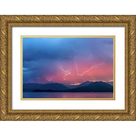 WA, Seabeck Lightning over Hood Canal Gold Ornate Wood Framed Art Print with Double Matting by Paulson, Don