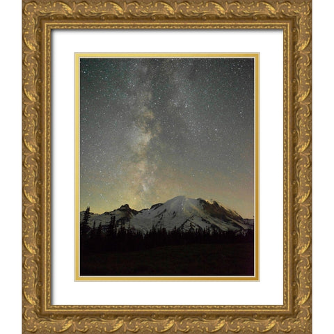 The lights of climbers can be seen on the mountain as the Milky Way rises behind Mt Rainier Gold Ornate Wood Framed Art Print with Double Matting by Probst, Greg