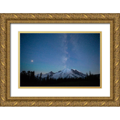 The lights of climbers can be seen on the mountain as the Milky Way rises behind Mt Rainier Gold Ornate Wood Framed Art Print with Double Matting by Probst, Greg