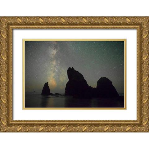 The Milky Way rising behind sea stacks on Ruby Beach-Olympic National Park-Washington State Gold Ornate Wood Framed Art Print with Double Matting by Probst, Greg