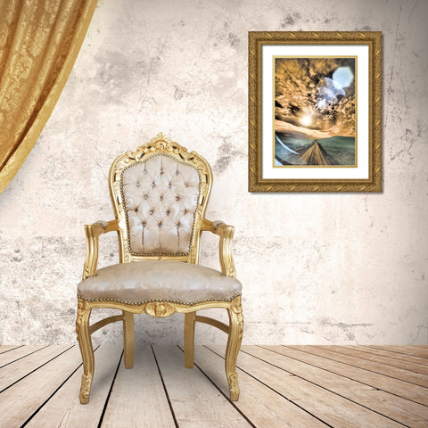 USA-Washington State-Palouse-Backcountry road through wheat field and clouds Gold Ornate Wood Framed Art Print with Double Matting by Eggers, Terry