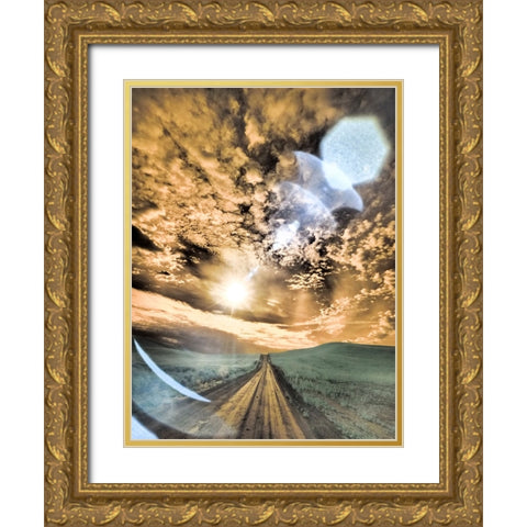 USA-Washington State-Palouse-Backcountry road through wheat field and clouds Gold Ornate Wood Framed Art Print with Double Matting by Eggers, Terry